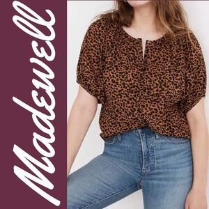 Madewell Leopard Print Button Front Blouse XL Brown Black Short Puff Sleeve Top